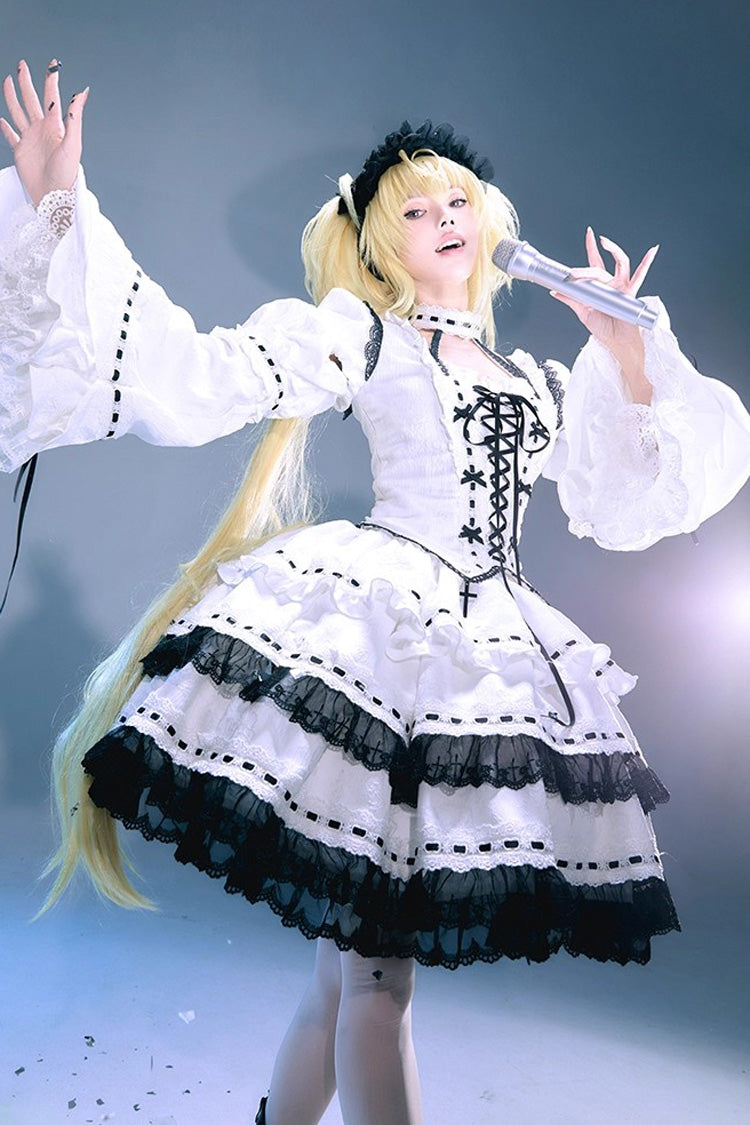 White Long Trumpet Sleeve Double-Layered Ruffled Bow Lace-Up Gothic Skirt Set