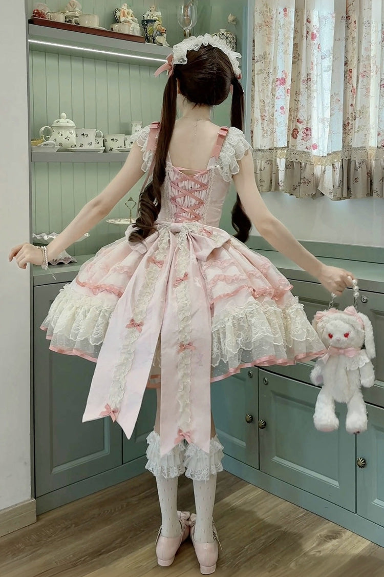 Dreaming Butterfly Pink Multi-Layered Jacquard Ruffle Bowknot Lace Sweet Princess JSK Dress