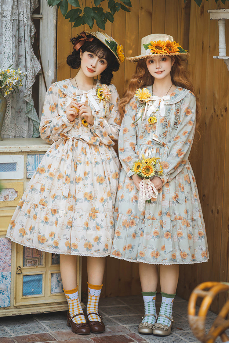 Apricot Sweet Elegant Lolita Dress with Long Sleeves Print Ruffles and Bowknot Accents