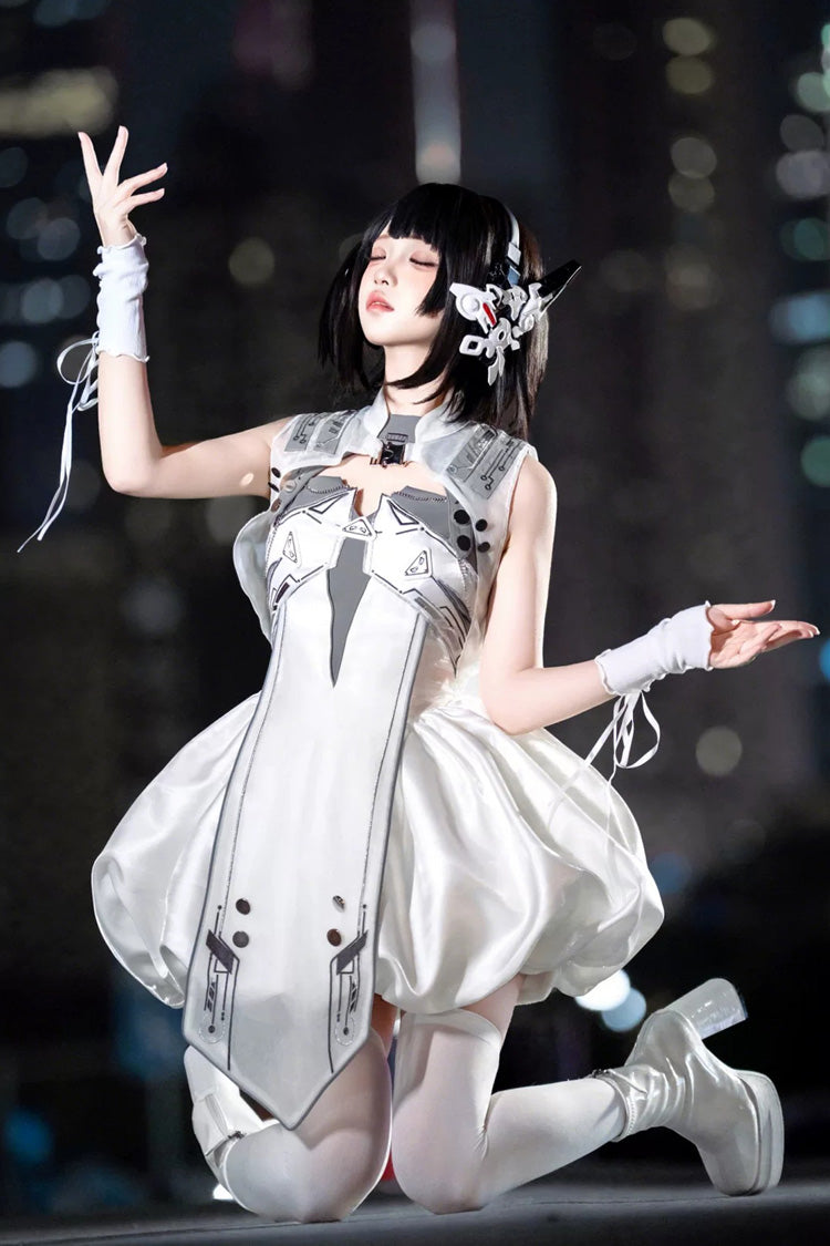Ivory Printed Sci-Fi Techwear Punk JSK Dress Set - Tech Light Realm