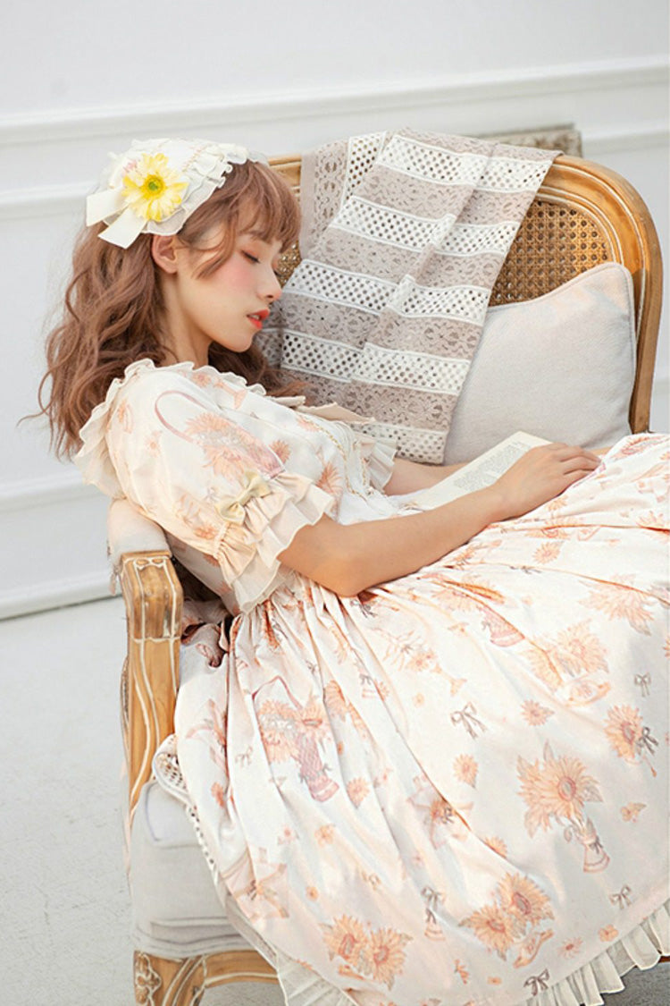 Cream Miss Sunflower Short Sleeve Printed Bow Frilled Sweet Lolita Dress