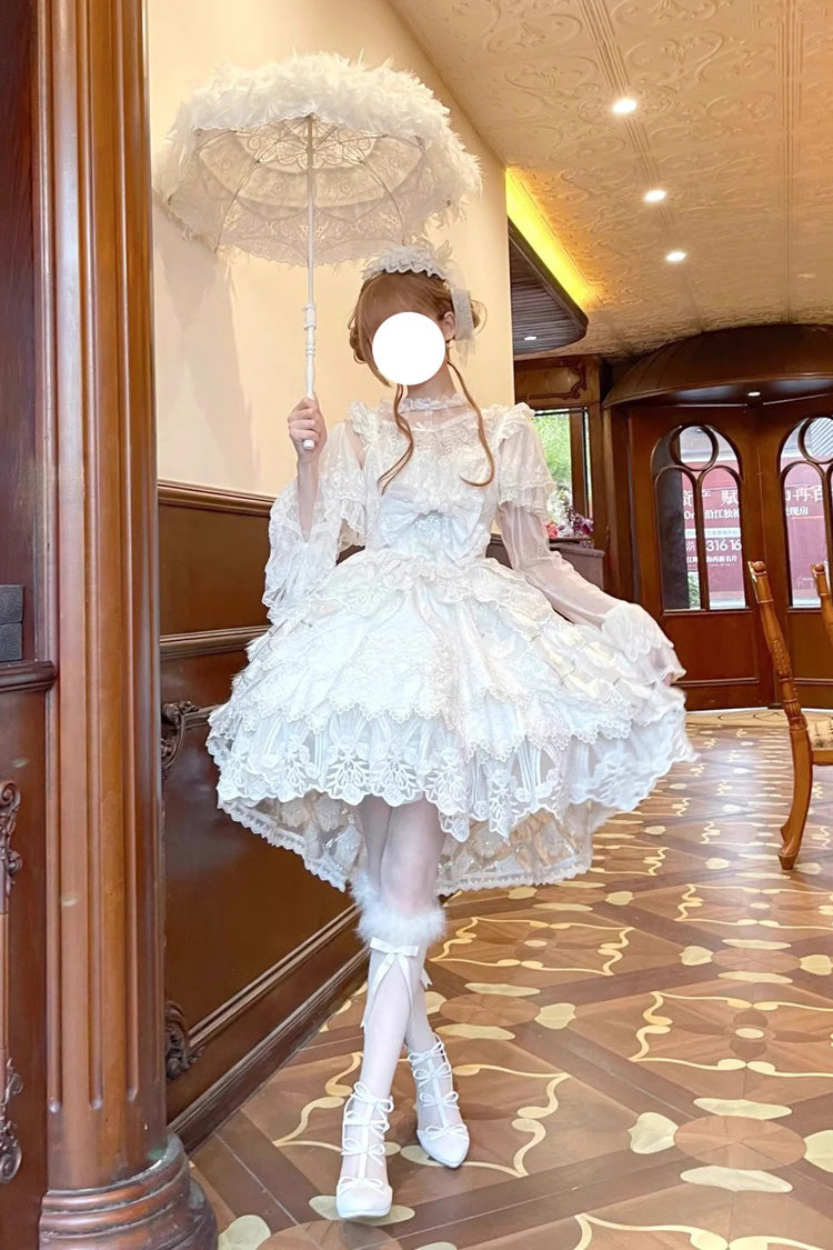 Ivory Peacock Feather Multi-Ruffle Bridal Cardigan Bow Lace Lolita JSK Set