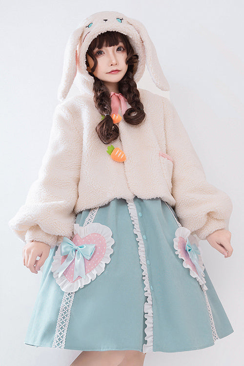 Cobalt Rabbit Lapel Lantern Sleeve Love-Embroidered Sweet Lolita Dress