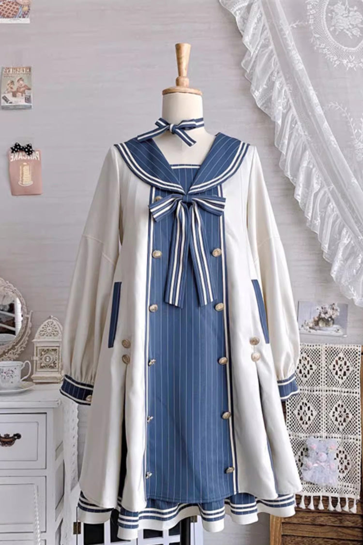 Navy Collar Long Sleeve Print Ruffle Sweet Plus Size Lolita Dress Blue Apricot