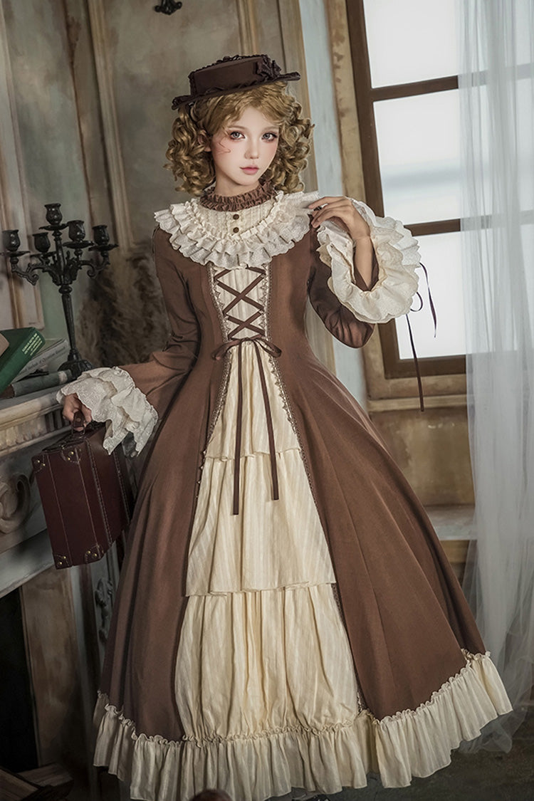 Brown Beige Nutcracker Stand Collar Long Trumpet Sleeves Ruffle Cardigan Lace-Up Sweet Lolita Dress Set
