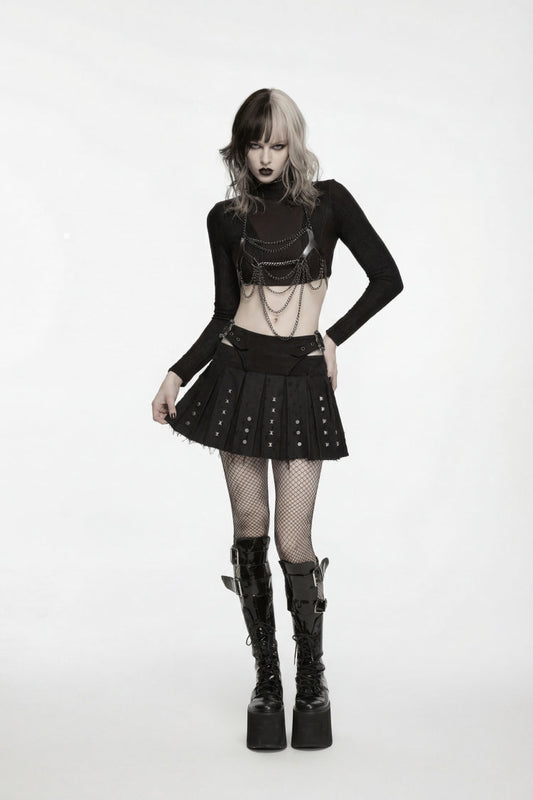 Studded Pleated Preppy Punk Skirt for Women