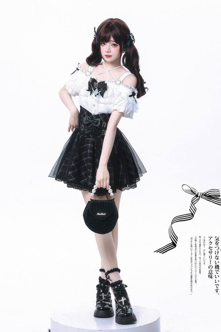 Plaid Bow Classic Jirai Kei Skirt Ensemble with Off-Shoulder Sleeves