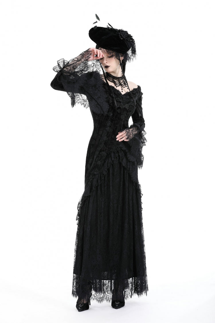 Off Shoulder Lace Long Trumpet Sleeves Lace-Up Gothic Bodycon Dress