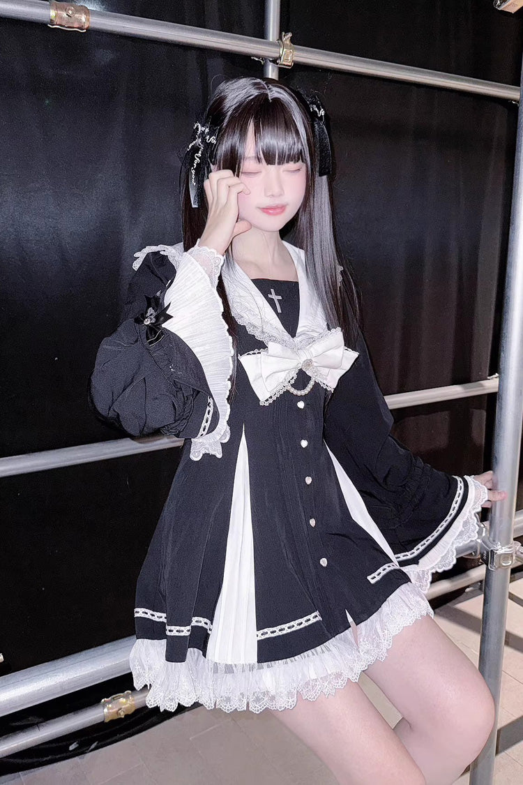 Sweet Square-Collar Bow Lace Pearl Jirai Kei Dress & Short Set