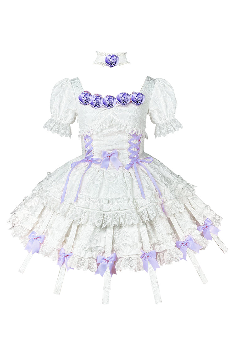 Ivory and Purple Puffed Short Sleeve Princess Gothic Lolita Tiered Dress