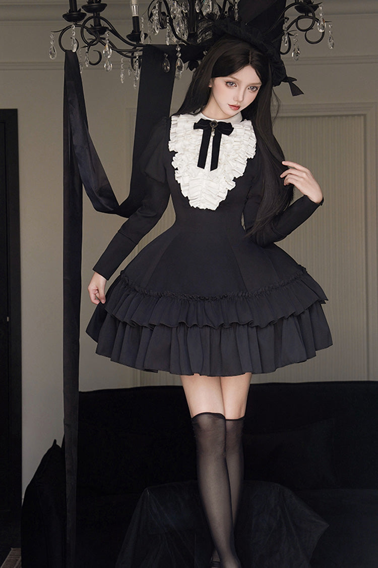Black Miss Weir Stand Collar Long Sleeved Double-Layered Ruffled Gothic Dress