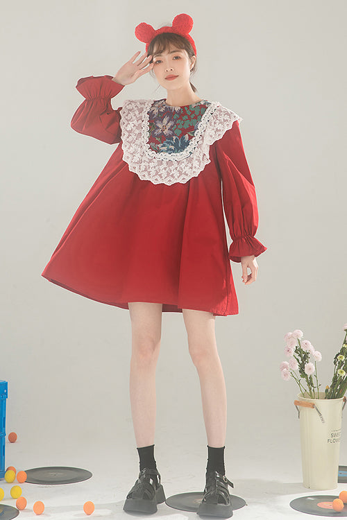 Scarlet Lace Panel Round Collar Ruffled High Waist Lolita OP