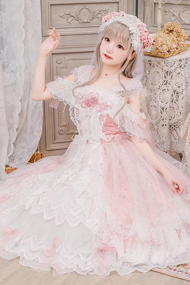 Glazed Phantom Off Shoulder Ruffle Hanayome Bow Lace Elegant Lolita Dress in Pink