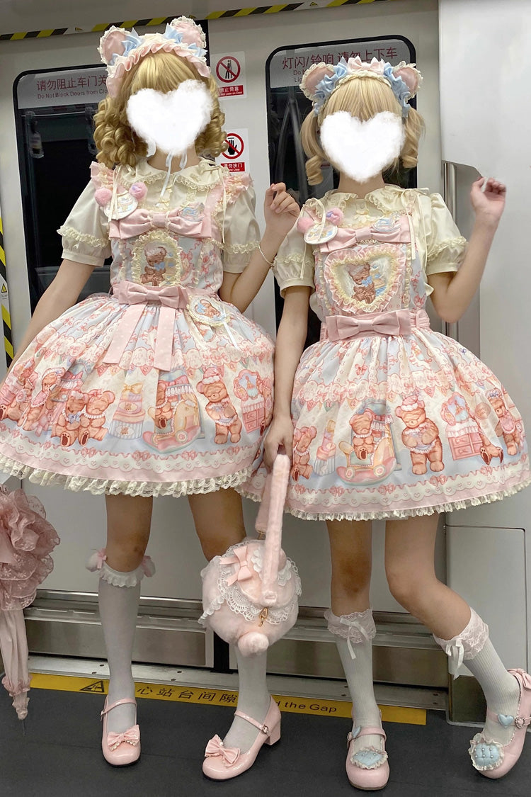 Bear Anniversary Celebration Sleeveless Printed Ruffled Bow Sweet Lolita Tank Dress Two Colors