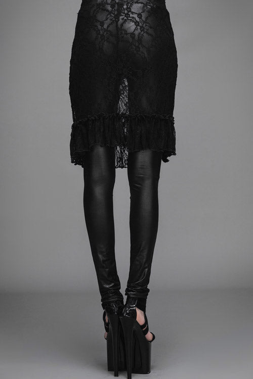 Obsidian Rose Lace Mesh Over-Skirt Faux Leather Pants for Women