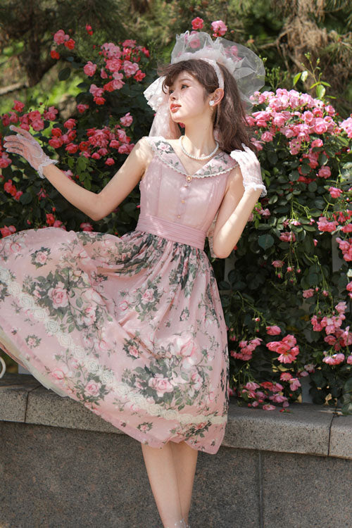 Floral V-Neck Sleeveless JSK with Ruffles in Pink