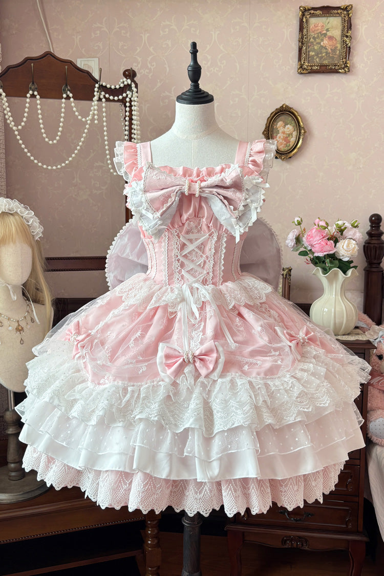 Blush Pink Sleeveless Triple-Layer Ruffle Bow Pearl Lace-Up Sweet Plus JSK Dress