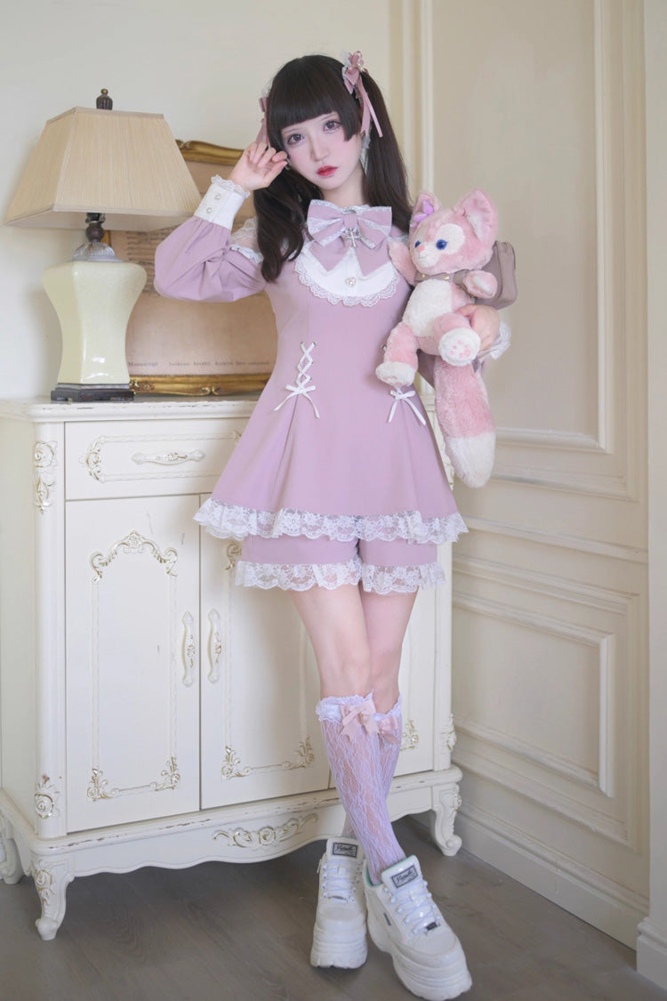 Pink/White [Divine love] Long Sleeves Hollow Bowknot Lace Lace-Up Sweet Jirai Kei Dress Shorts Set