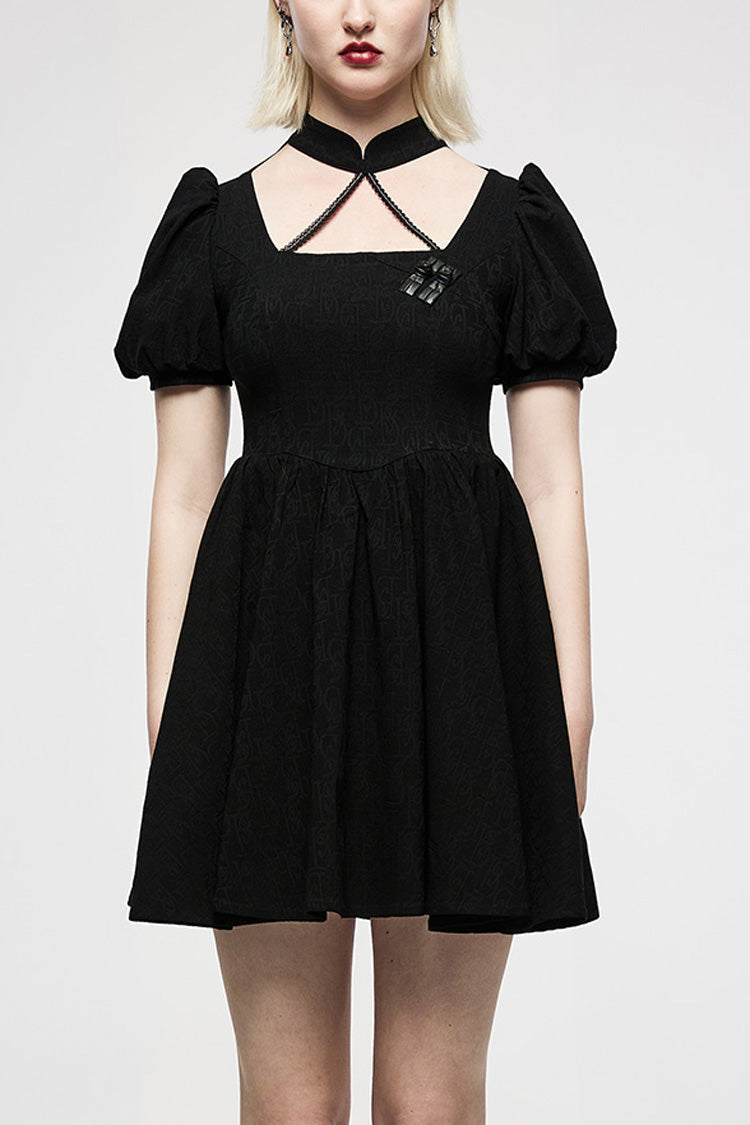 Vintage Black Jacquard Puff Sleeve Halter Punk Dress