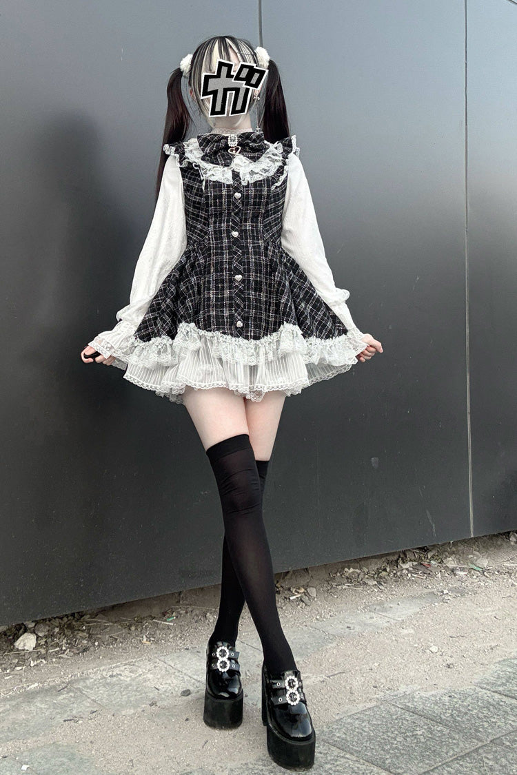 Black Plaid Print Ruffle Bow Lace Sweet Jirai Kei Dress with Shorts