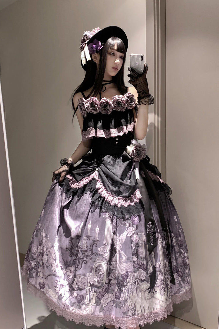 Angel Garden Black Purple Sleeveless Print Ruffle Bowknot Lace Sweet Gothic Skirt Set