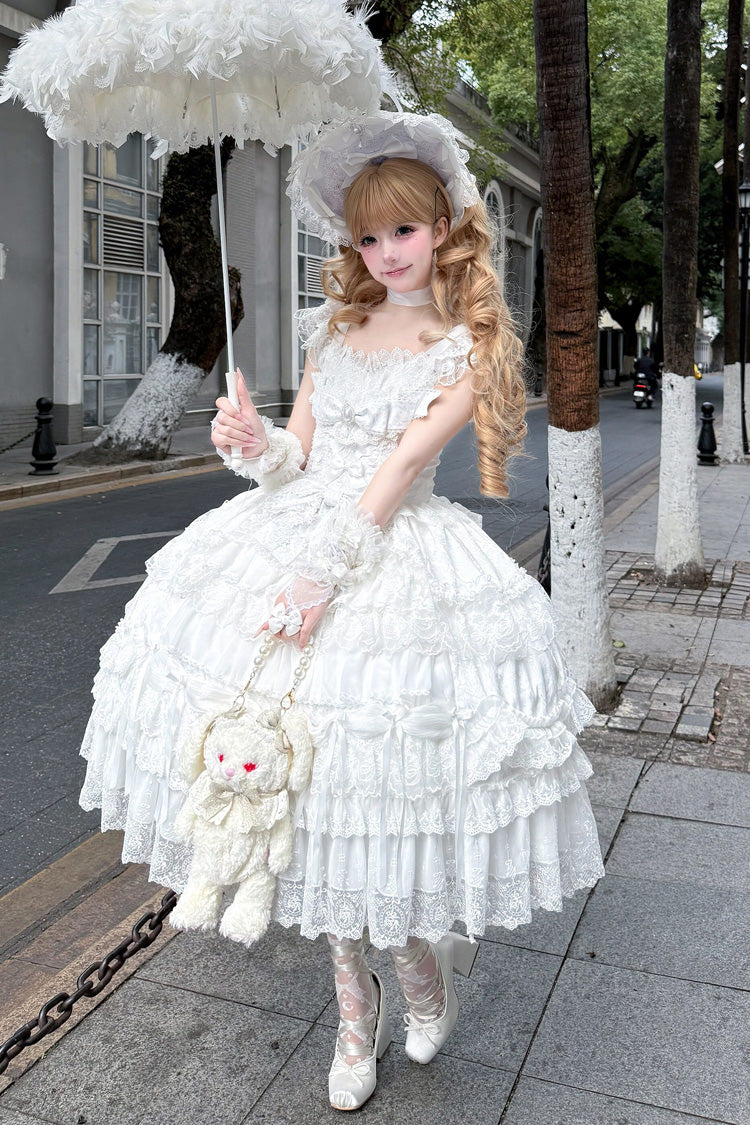 Ivory Square Collar Sleeveless Multi Bridal Embroidered Bow Lace JSK
