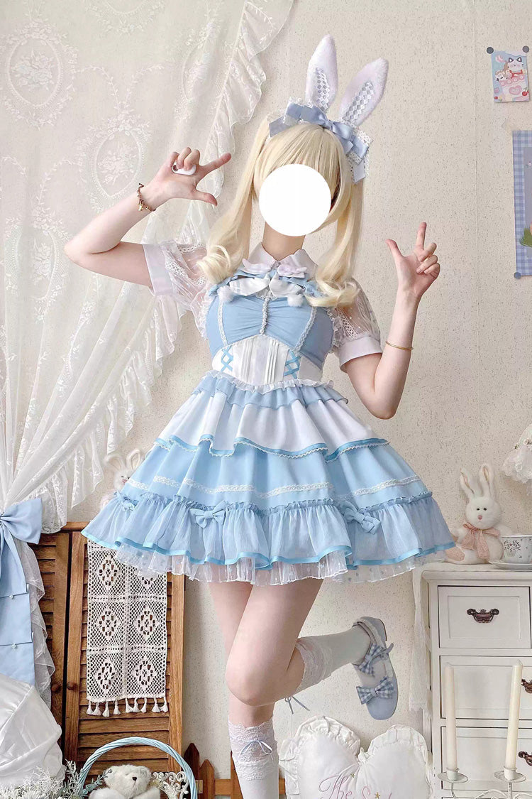 Blue/White Cotton Cloud Lapel Collar Ruffle Ribbon Lace-Up Girly Lolita JSK Dress