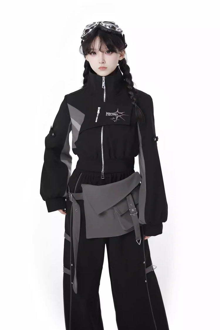 Holographic Techwear Spliced Zippered Gothic Pants Coat Set
