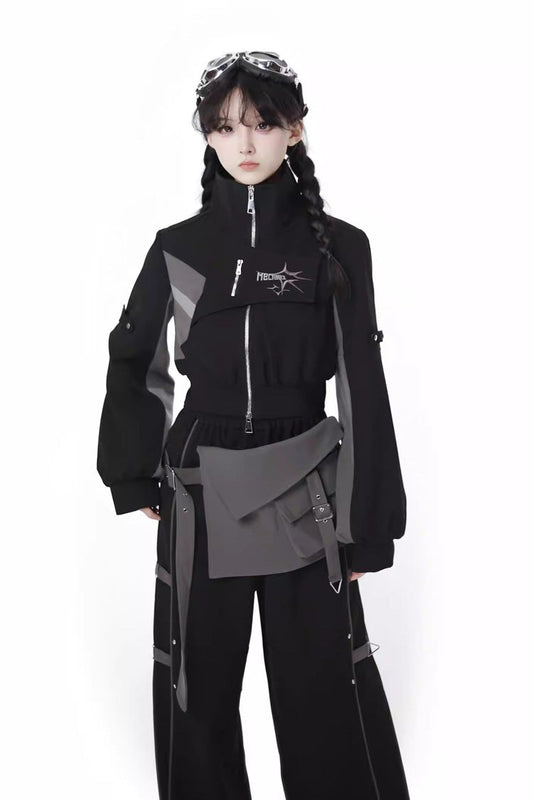 Holographic Techwear Spliced Zippered Gothic Pants Coat Set