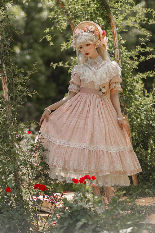 Vintage Rose Print Multi-Layer Ruffled Sweet Lolita OP Dress - Altfashion Shop