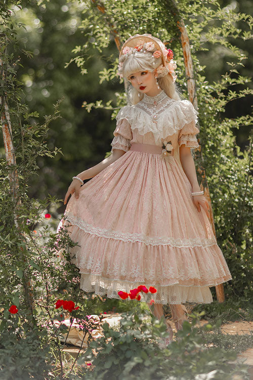 Rose Print Lolita OP Dress with Multi-Layer Ruffles, Sweet Style