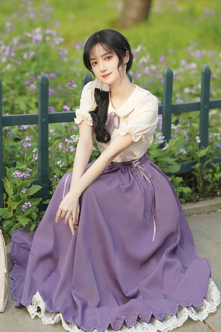 Lapel Collar Short-Sleeve High-Waisted Lace-Up Wave Hem Lolita Two-Piece Set, 7 Colors