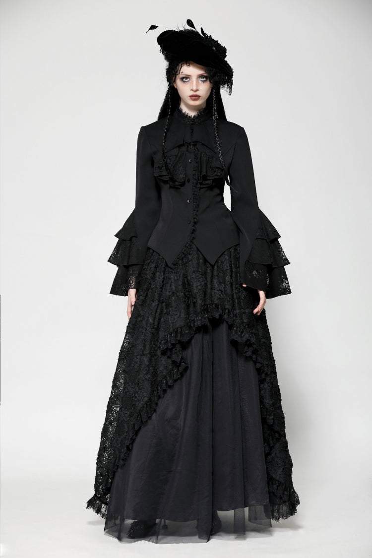 Multi-Layered Ruffled Stand Collar Long Flared Sleeve Gothic Blouse for Women Lace