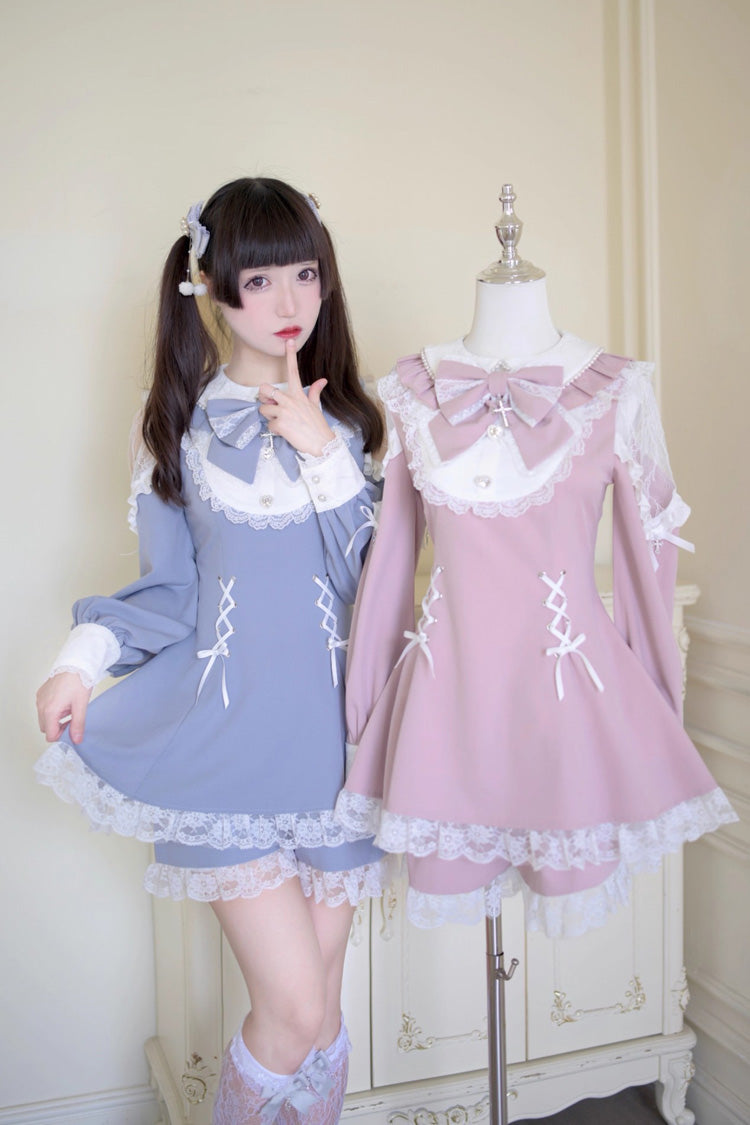 Pink/White [Divine love] Long Sleeves Hollow Bowknot Lace Lace-Up Sweet Jirai Kei Dress Shorts Set