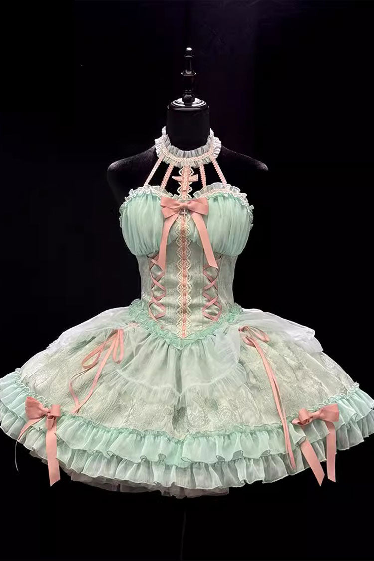 Green Cross Halterneck Lace-Up Sweet Lolita Dress - Ruffled Bowknot Lace