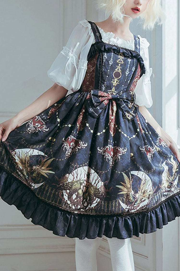 Navy Bowknot Altar Monthly Print Ruffled Classic Lolita Suspender Dress