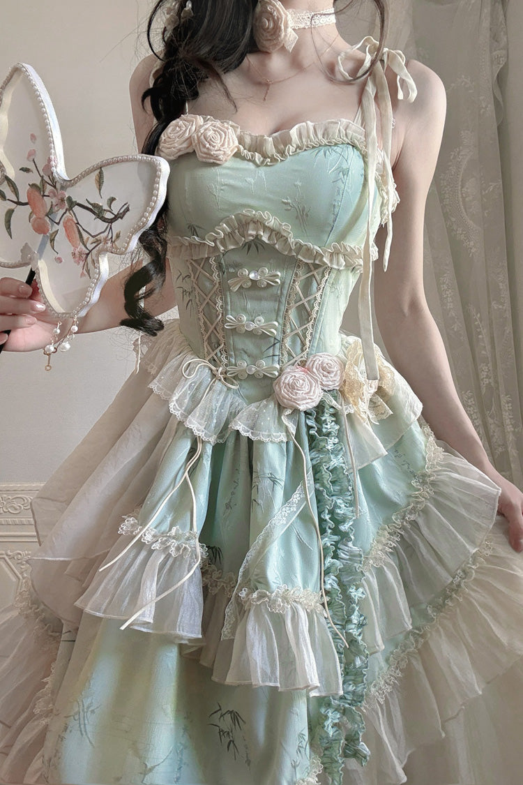 Green Tea Bamboo Song Sleeveless Jacquard Ruffle Bow Lace Chinese Ballet Jsk Dress