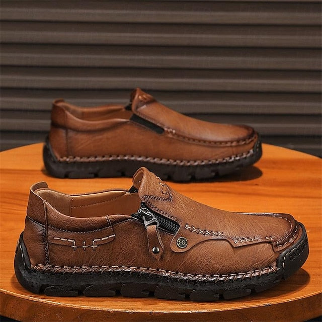 with Leather Brown Men's Side Faux Slip-On Zipper Loafers