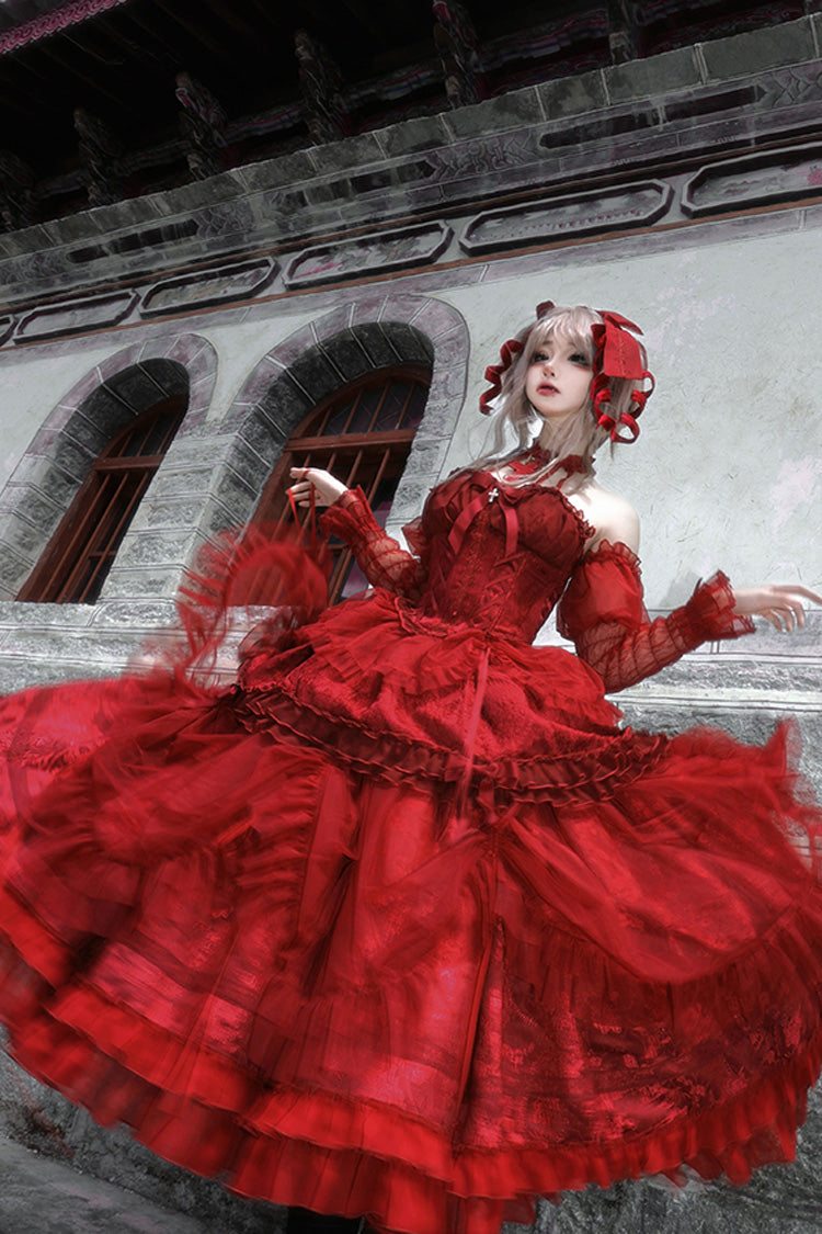 Wine Red Cross Halterneck Lace-Up Gothic Lolita Dress - Princess Ruffled