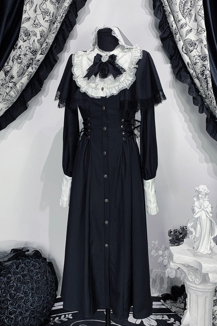 Gothic Jirai Kei Long Dress with Lace-Up Ruffled Bow Sleeves