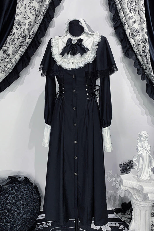 Gothic Jirai Kei Long Dress with Lace-Up Ruffled Bow Sleeves