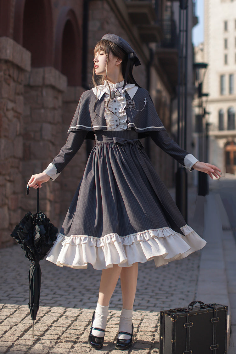 Striped Ruffle Bowknot Long Sleeve College Style Lolita Dress Dark Blue