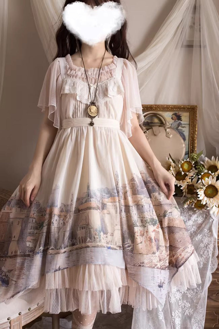 Irregular Apricot Layered Print Sweet Lolita JSK Dress
