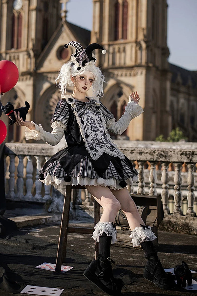 Gothic Lolita Dress Set with Ruffled Bow and Long Sleeves - Black