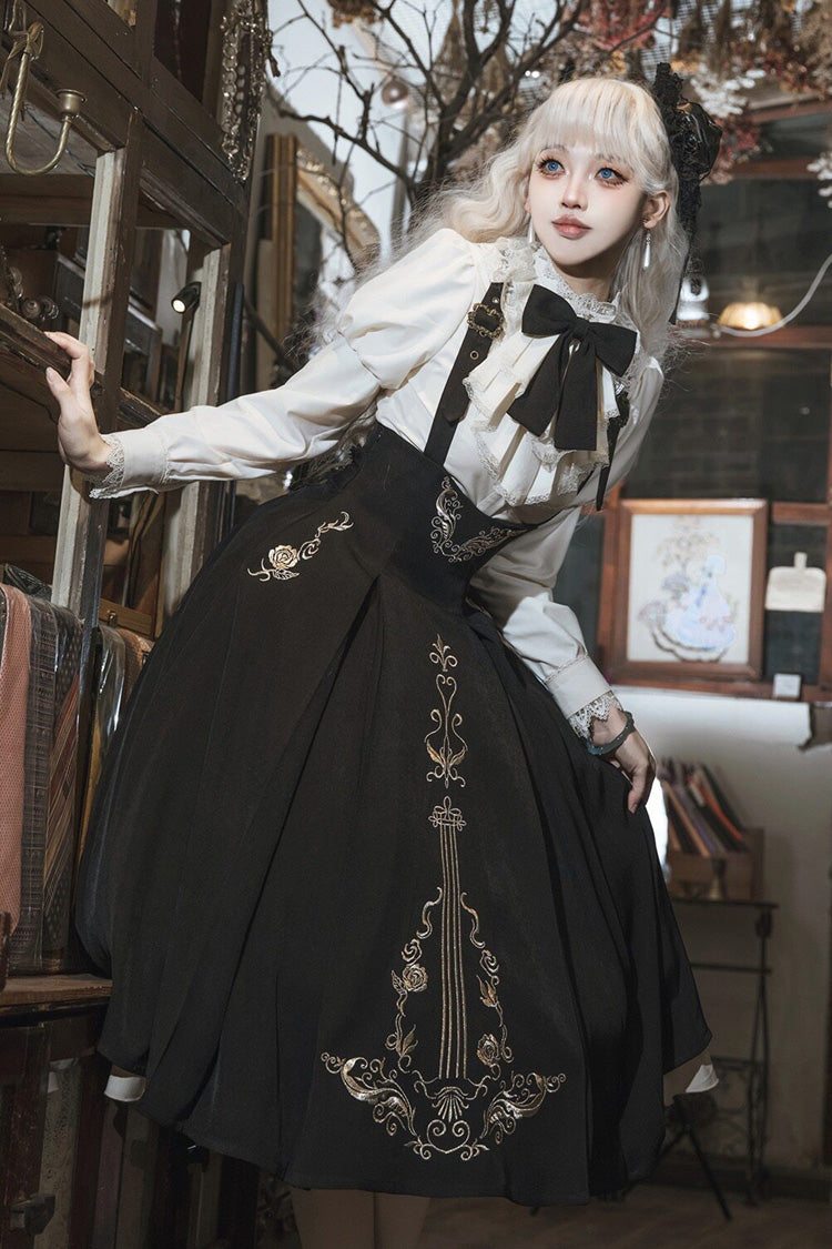 Black/White Violin Variations Ruffled Embroidered Gothic Lolita Jumper Gown Set