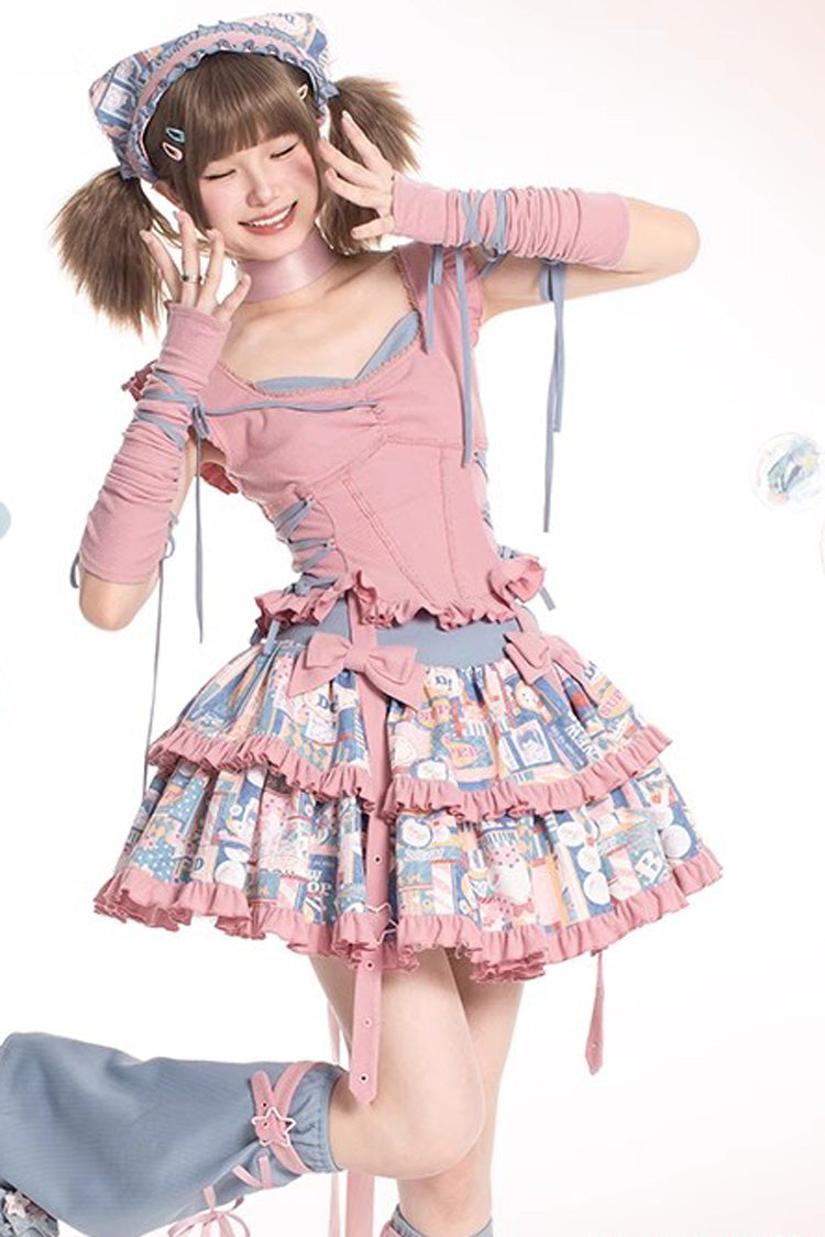 Pink Ruffle Bowknot Skirt Set with Pop Print