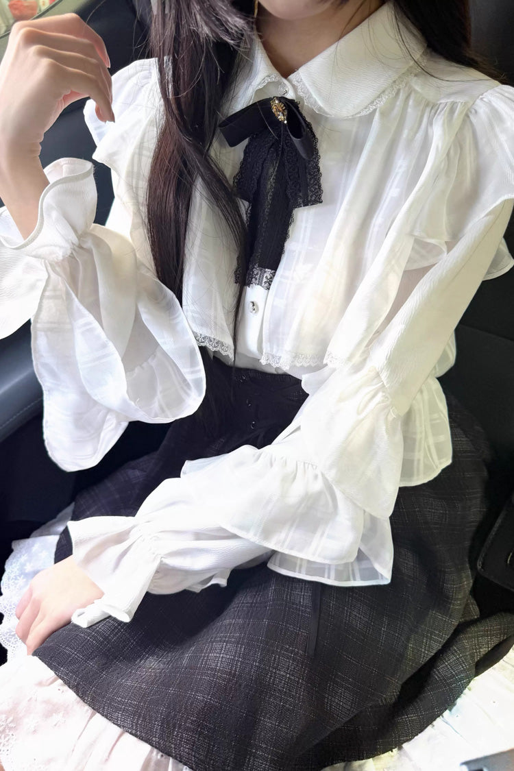 Black/White Long Sleeves Plaid Printed Lace Lace-Up Sweet Jirai Kei Skirt Set