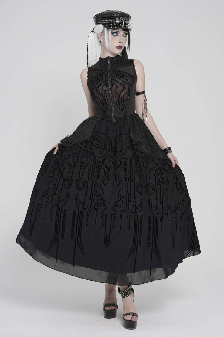 Stand Collar Sleeveless Multi-Layered Printed Sheer Punk Elegant Gorgeous Dress