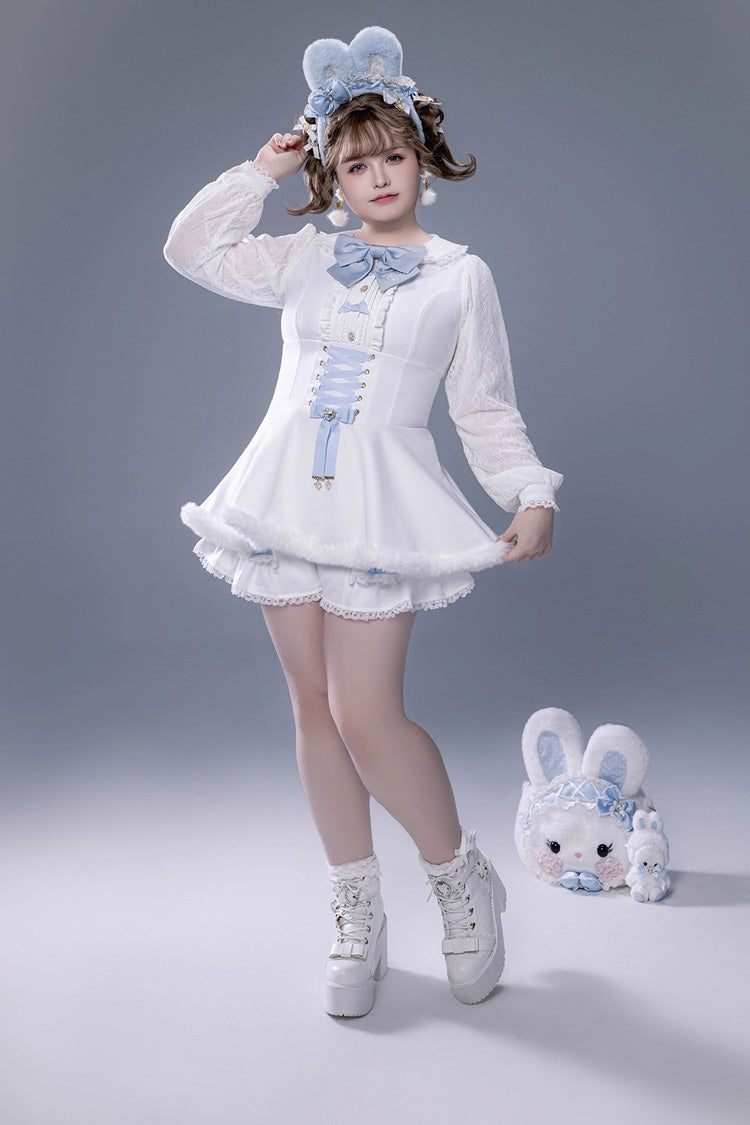 Ivory Ruffled Bow Lace-Up Jirai Dress with Plush Shorts