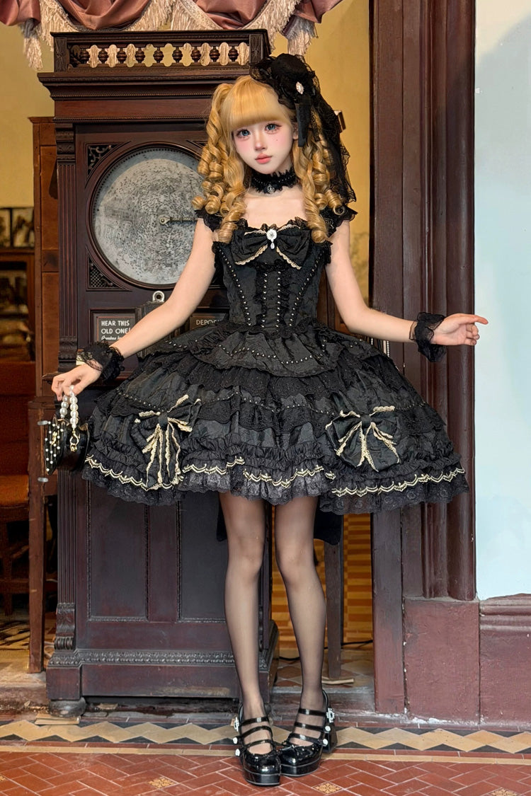 Charcoal Square Collar Layered Jacquard Bow Lace JSK - Day and Night Duality